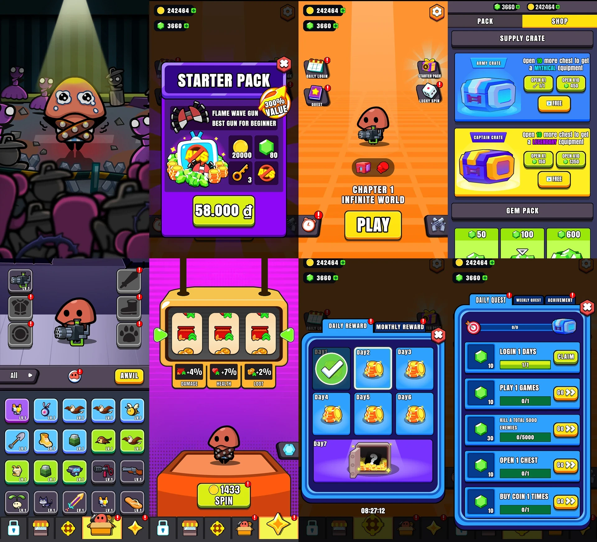 Little Hero interfaces showing its title illustration, starter pack, main screen, shop, equipment, login rewards and quests.